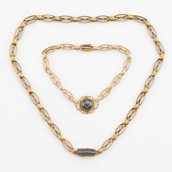 Necklace and bracelet, 18K gold and hematite, partly 19th century.