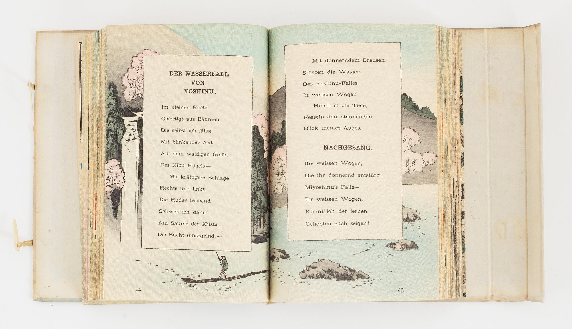 Japanese poems and dramas with woodblock print illustrations, 2 vol, dated 1906 and 1911.