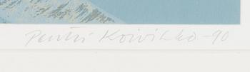 Pentti Koivikko, serigrafi, signerad och daterad-90. Märkt 'tait.vedos'.