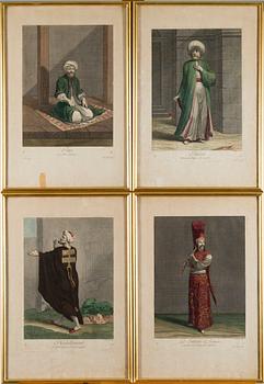 EIGHTEEN ENGRAVINGS, from Le Recueil Ferriol, ca 1714, hand coloured.