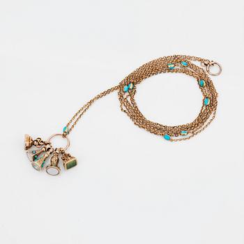 COLLIER med hängande sigill prydda med cabochonslipade turkoser.