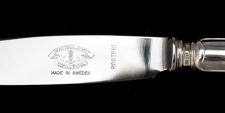 MATBESTICK, 54+12 delar, silver, snarlik "Svensk spets", MGAB, Uppsala, 1950-tal. Tot vikt (inkl knivar) ca2268g.