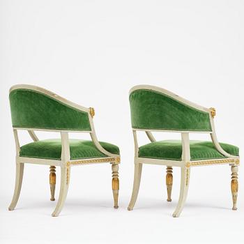 A pair of late Gustavian open armchairs, Stockholm, late 18th century.