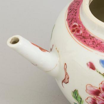 A famille rose teapot with cover, trumpetvase and bowl, Qing dynasty, Yongzheng (1723-35) and Qianlong (1736-95).