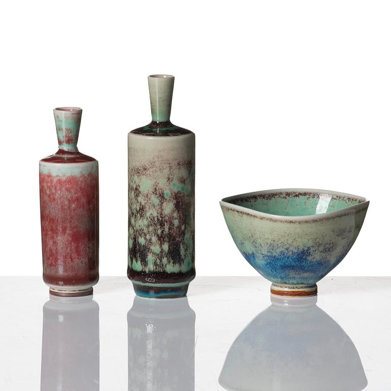 Berndt Friberg, a set of 6 stoneware vases and 3 bowls, Gustavsberg studio, Sweden 1944-47 and 1960-70s.