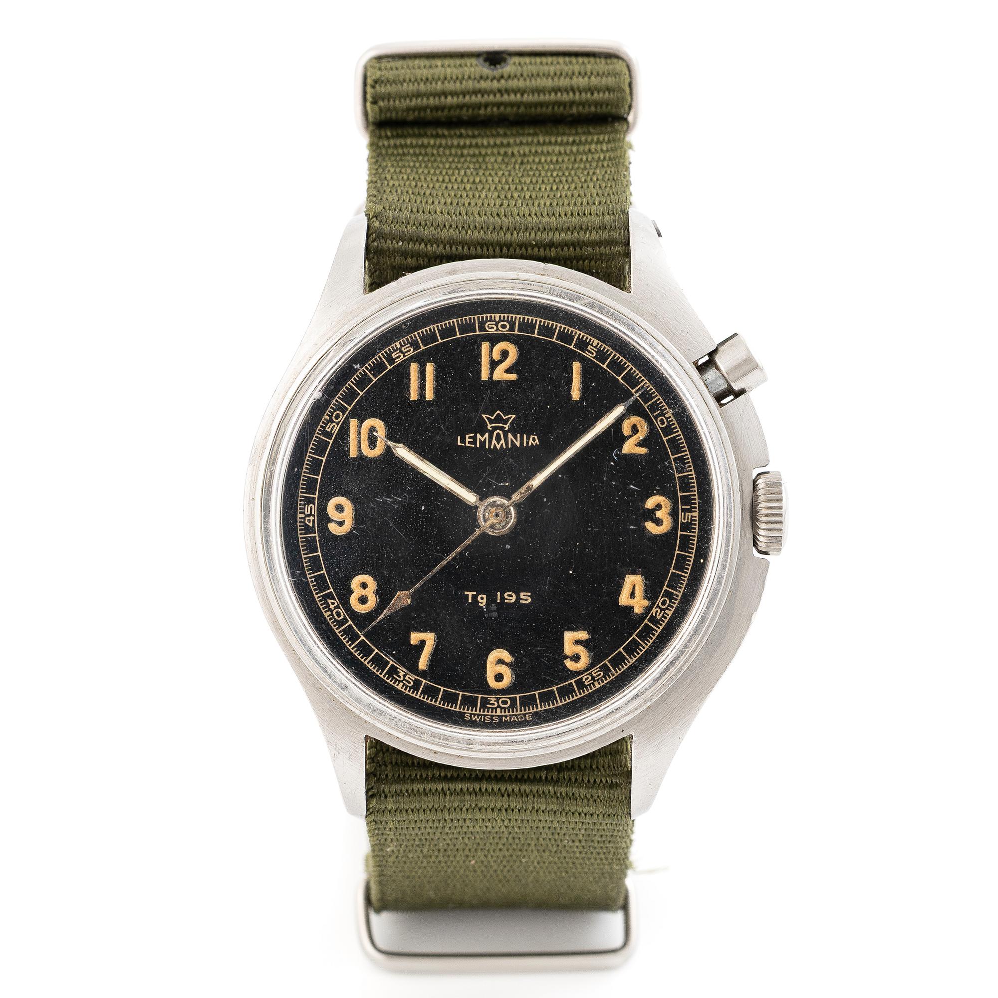 Lemania, Tg 195, "Three Crowns", chronograph, wristwatch, 40 mm.