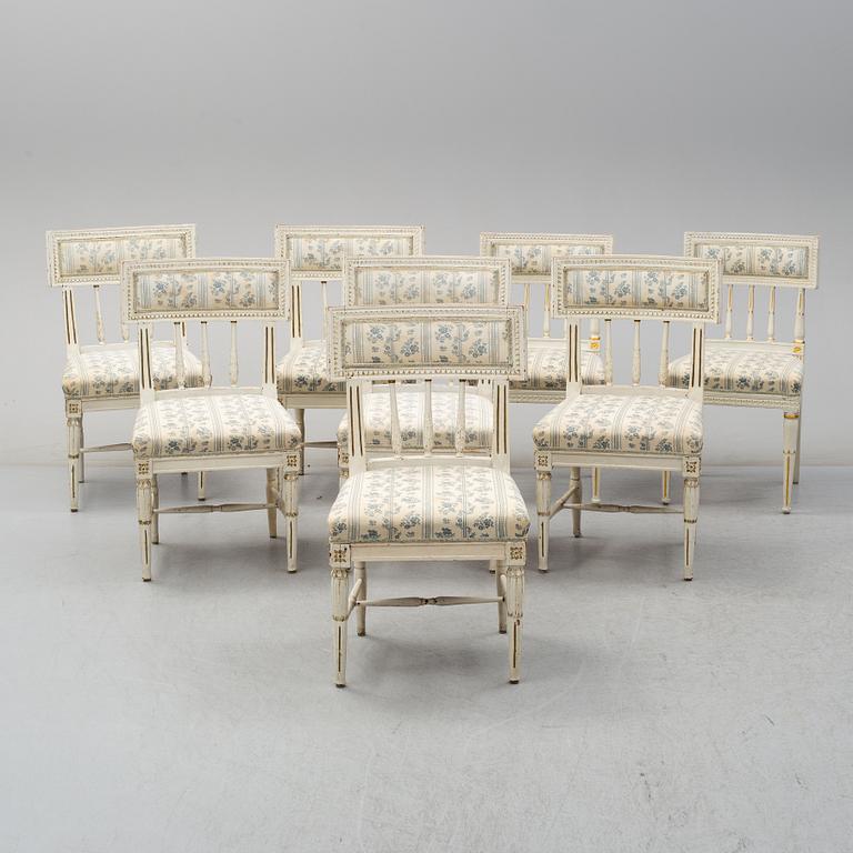 Eight chairs (6+2), late gustavian and late gustavian style, 19th century and ca 1900.
