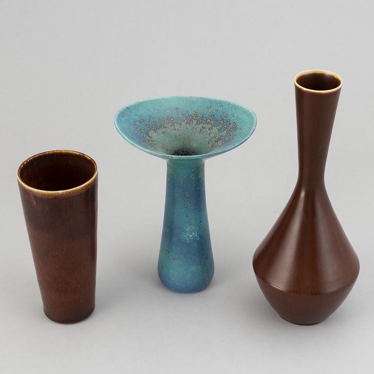 Carl-Harry Stålhane, three vases, stoneware, Rörstrand, Sweden.
