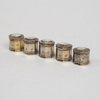 Five swedish silver snuff boxes, mark of Adrian Lilja, Karlskrona 1857-77.