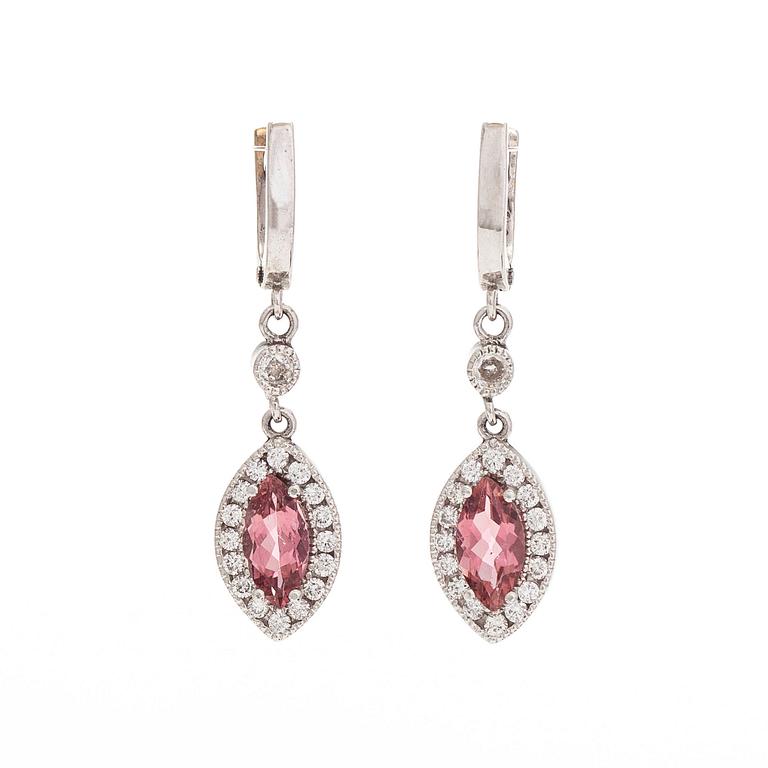A pair of 14K white gold earrings, set with brilliant-cut diamonds and pink tourmalines.