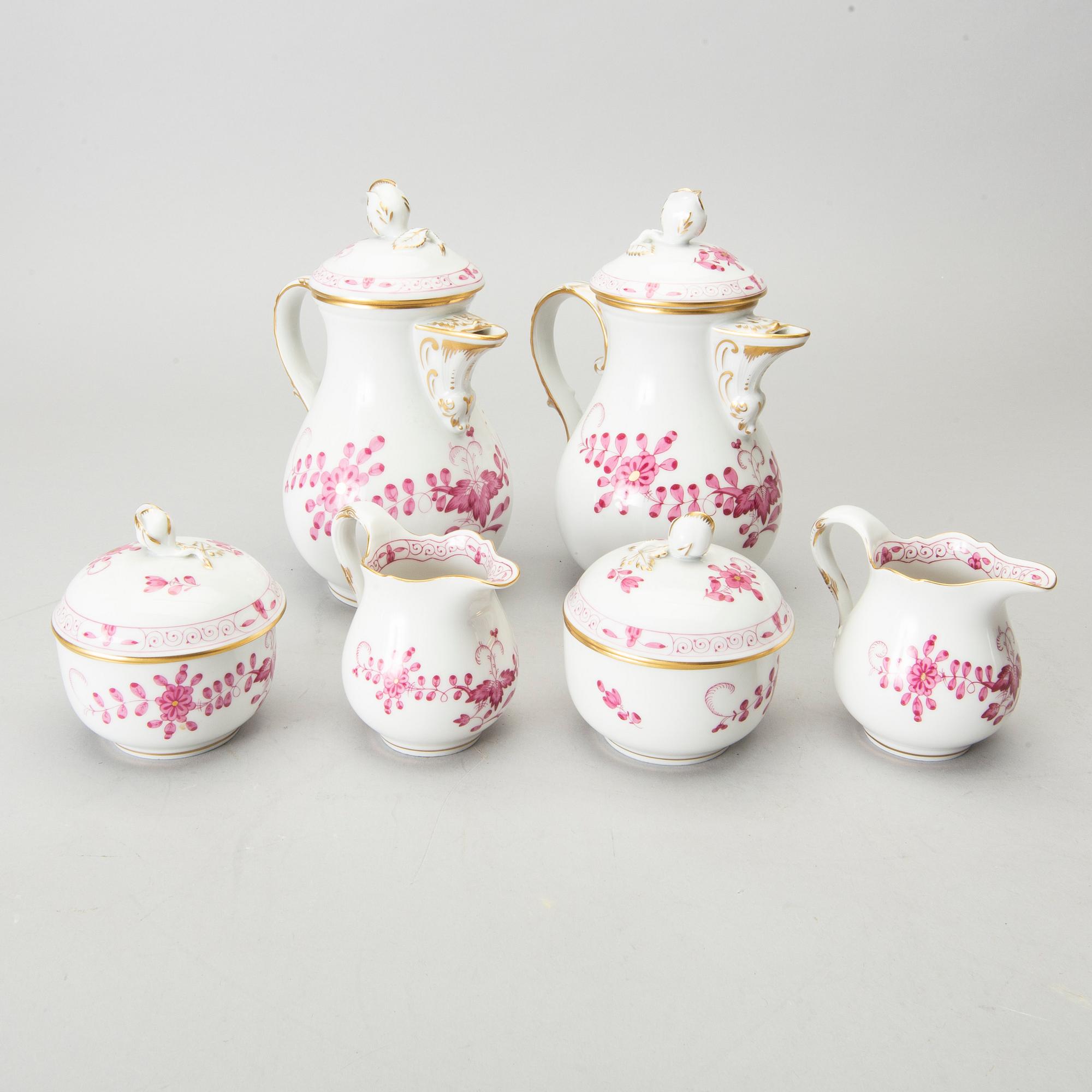 SERVISDELAR, porslin, 6 delar, Meissen, "Indische malerei", 1900-talets andra hälft.