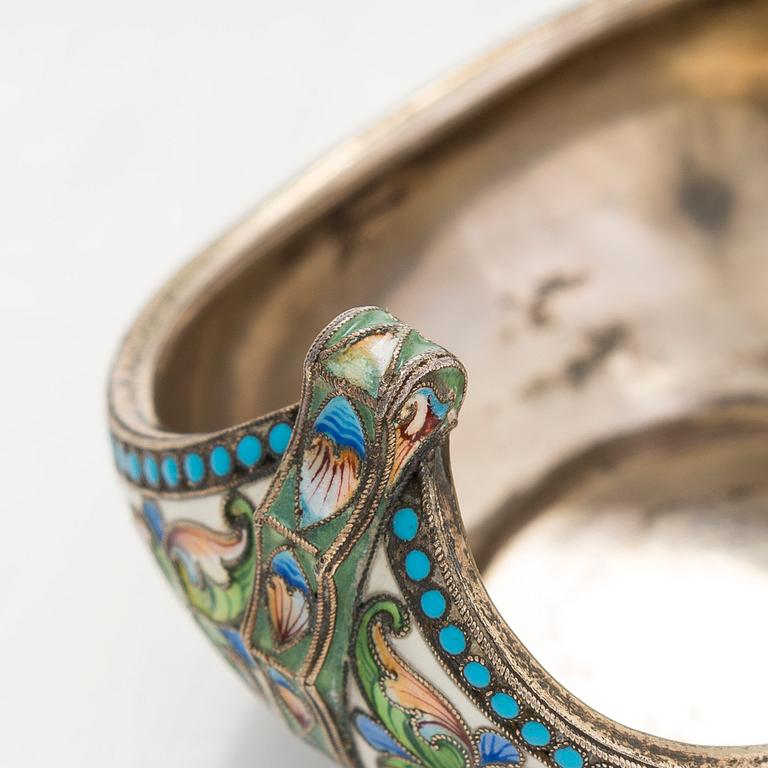 Khlebnikov, a silver-gilt and cloisonné enamel kovsh, Moscow 1908-1917.
