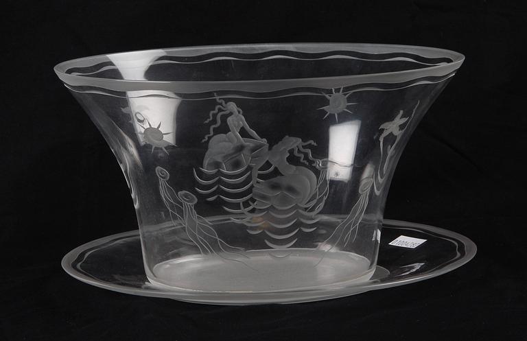 SKÅL PÅ FAT, glas, Orrefors, 1920/30-tal.