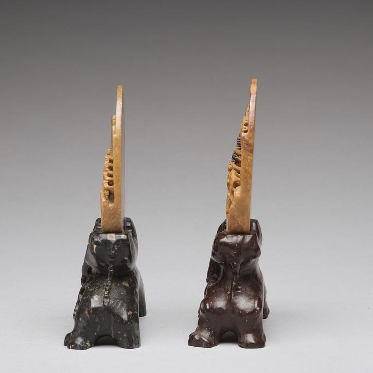 Two Chinese soapstone placques and stands, early 20th Century.