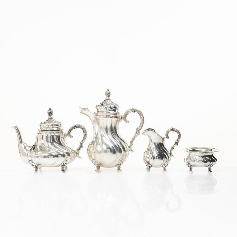 Coffee and tea service, 4 pieces, silver, Rococo style, Germany, 20th century.