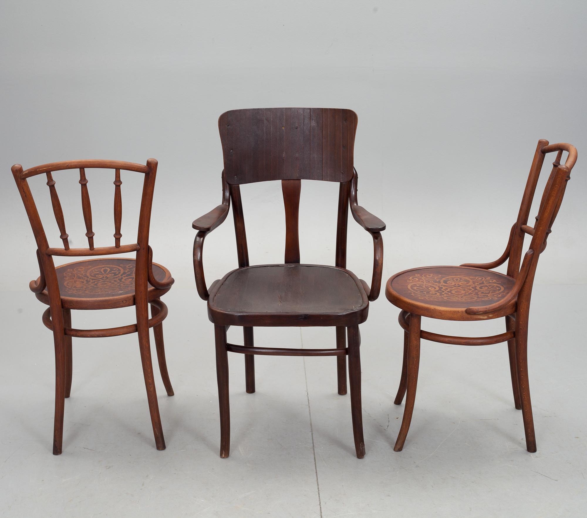 STOLAR, 2 st Thonet samt KARMSTOL, 1900-talets första hälft.