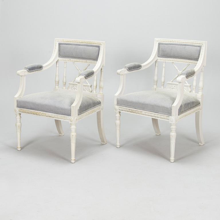 A pair of late gustavian style armchairs, early 20th century.