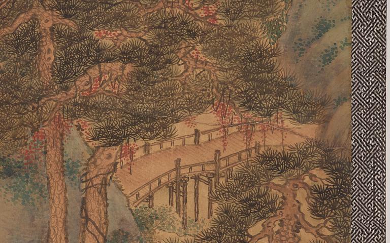 RULLMÅLNING, bergigt flodlanskap i Qian Dus (1764-1844/45) stil, Qingdynastin, sent 1800-tal.