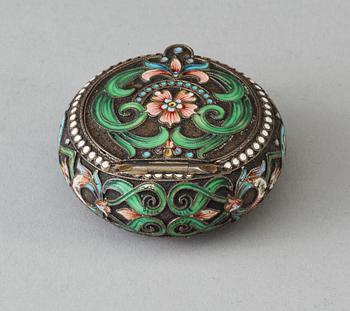 A Russian silver and cloisonné enamel piller-box, unidentified maker, Moscow 1896-1908.