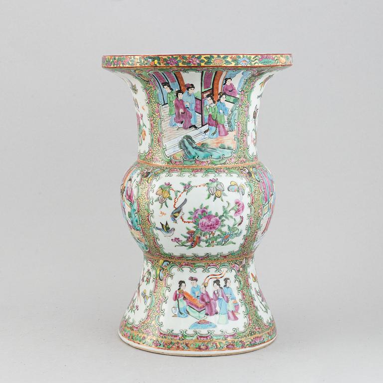 A large famille rose Canton gu shaped vase, Qing dynasty, late 19th century.