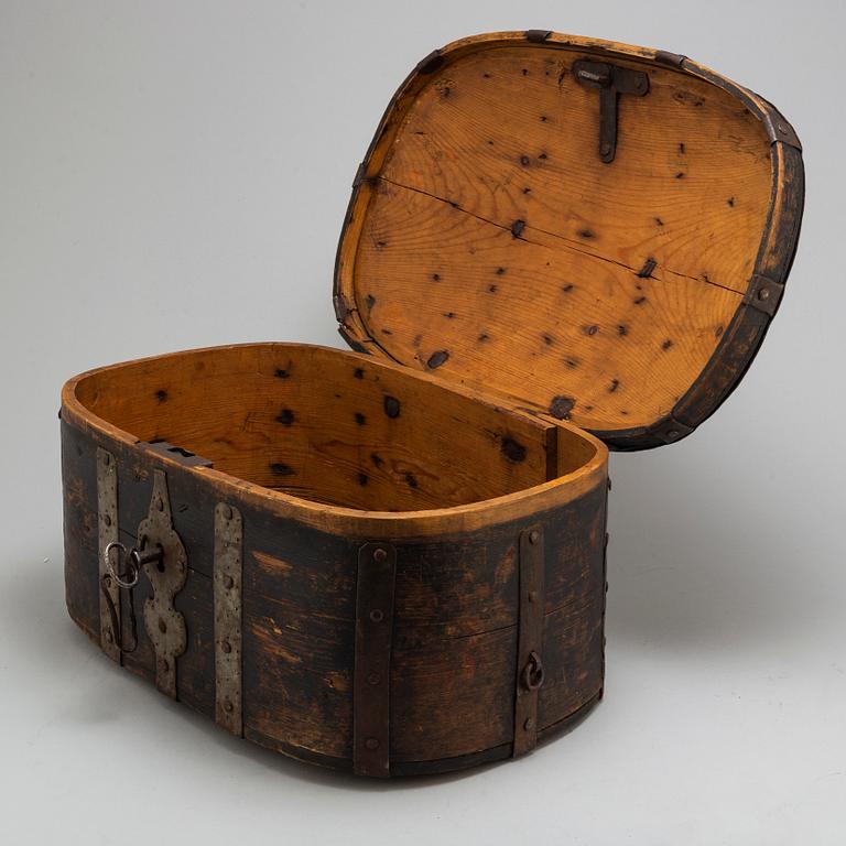 An wrought iron mounted pine box. Circa 1800.