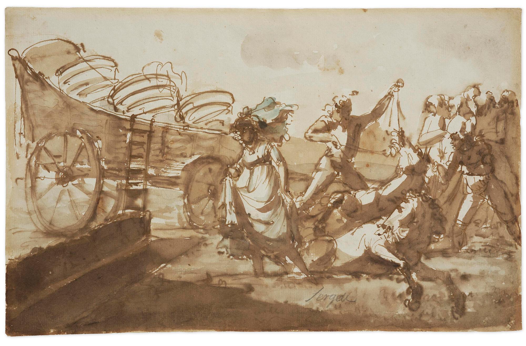 Johan Tobias Sergel, "Caricature Fru Grevinnan Ehrensvärd Insjunker i en sank Eng på Dymelstorp".