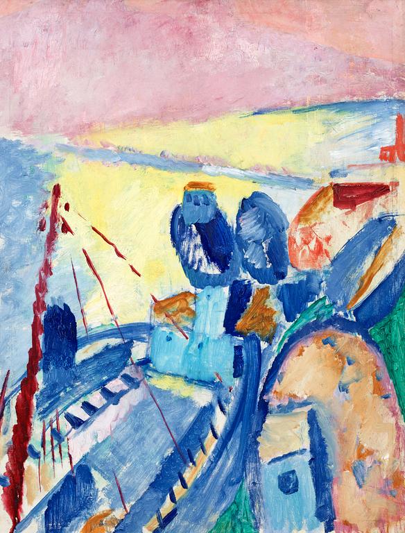 Sigrid Hjertén, "Blå pråmar" (Blue boats).