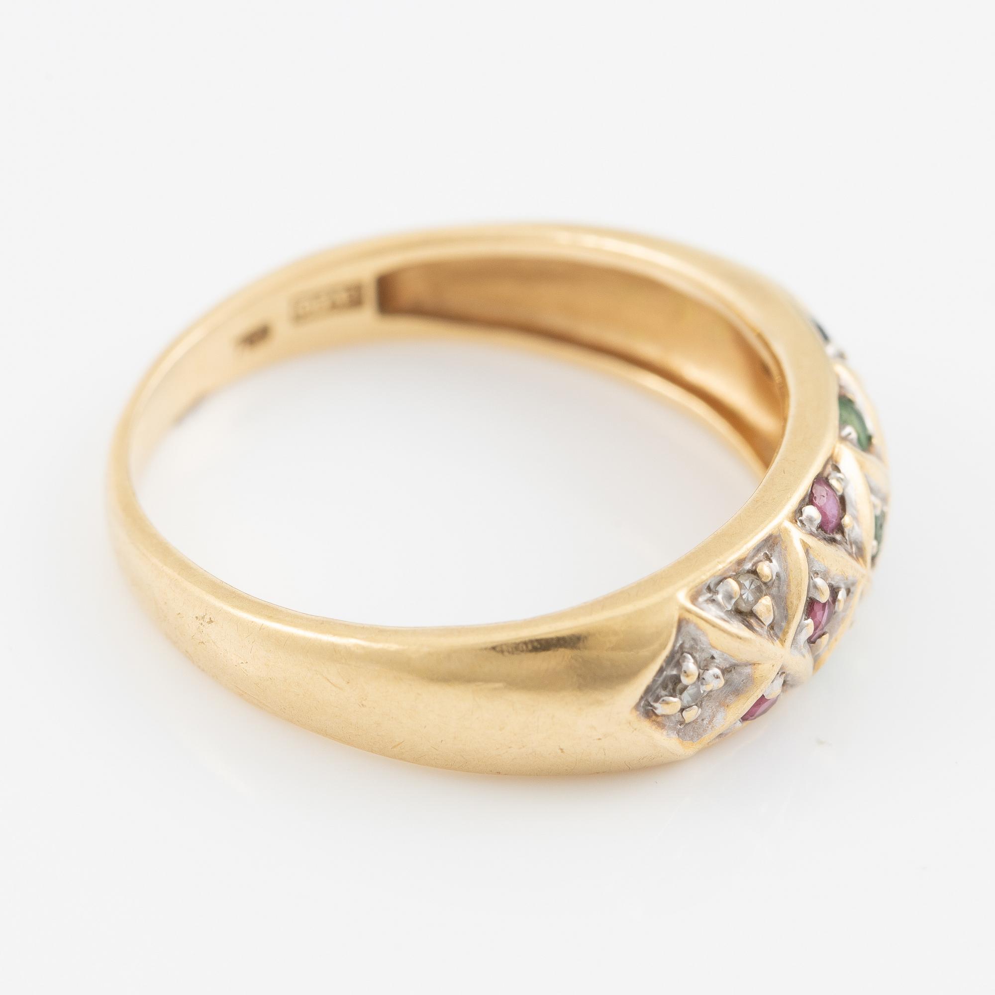 Ring, and a pair of earrings, 18K gold set with small rubies, emeralds, sapphires, and diamonds.
