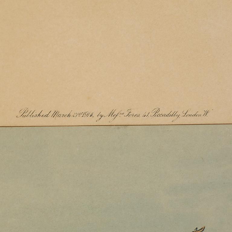 three hand coloured litograph, signed in the print, published by Mef Fores 41 Piccadilly London W.