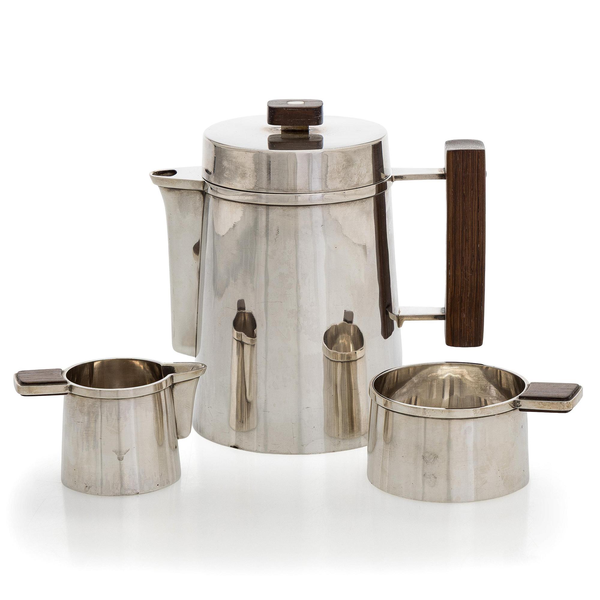 Bertel Gardberg, Coffee set, 3 pieces, 916 silver and rosewood, Toivo V. Toukonen, Helsinki, 1956.