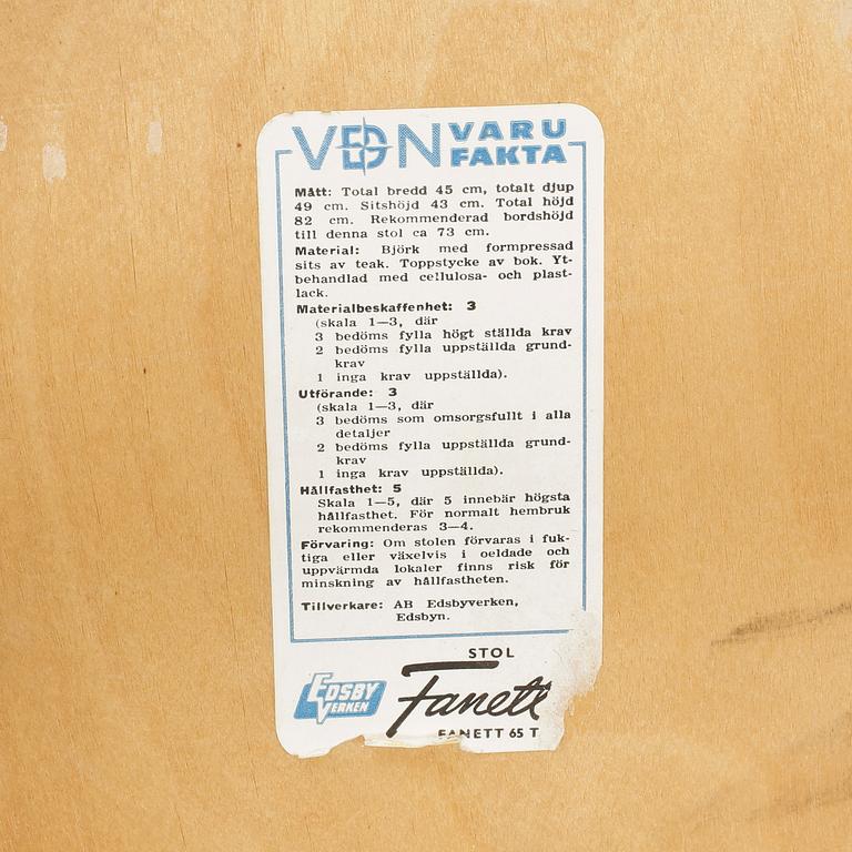 STOLAR, 4 st, "Fanett", Ilmari Tapiovaara, Edsbyverken. Formgiven 1955.