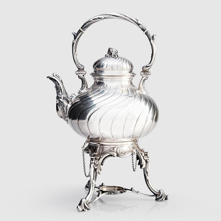 A Swedish 19th century silver tea-urn with stand and burner, marks of Gustaf Möllenborg (C T Feron), Stockholm 1885.