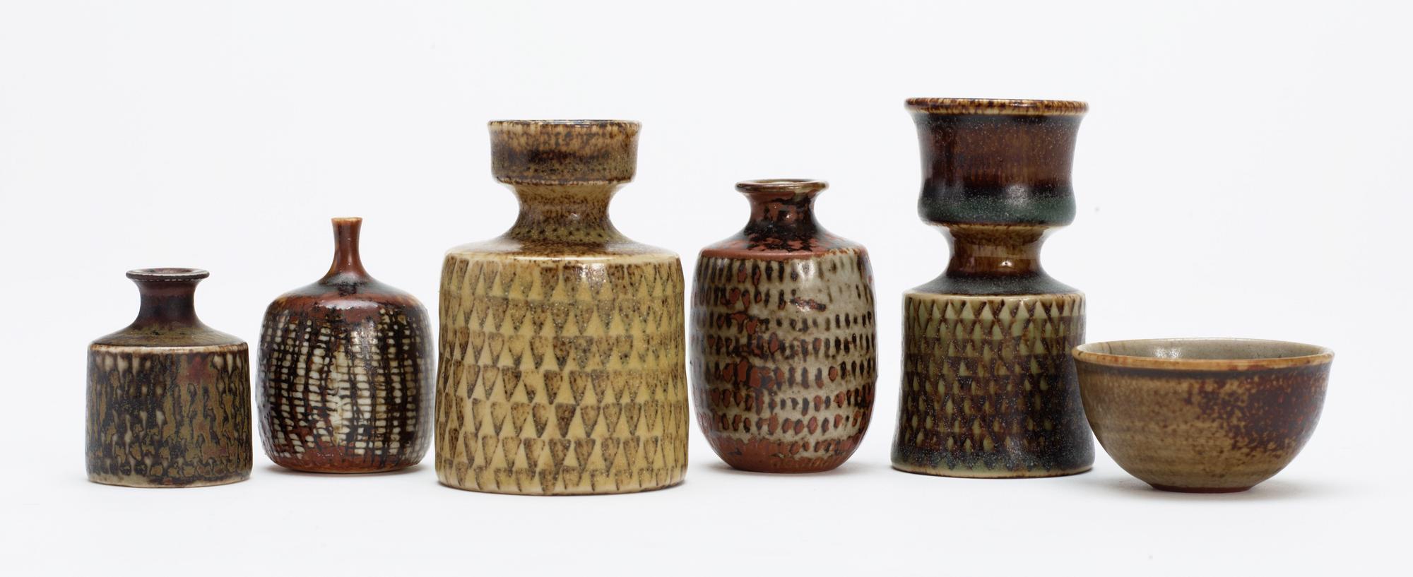 A set of six Stig Lindberg stoneware miniatures, Gustavsberg studio 1960's.