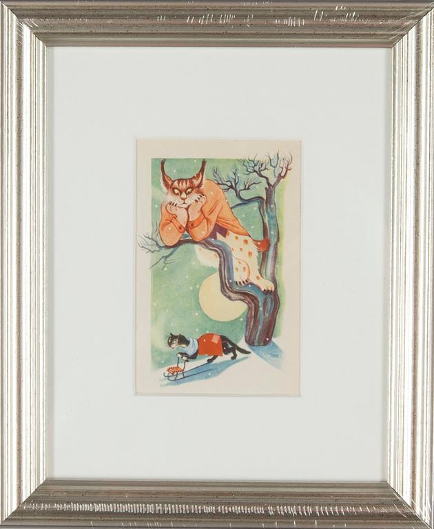 KONSTVYKORT, 7 st, efter Tove Jansson, signerade i trycket, Taidekorttikeskus 1940-tal.