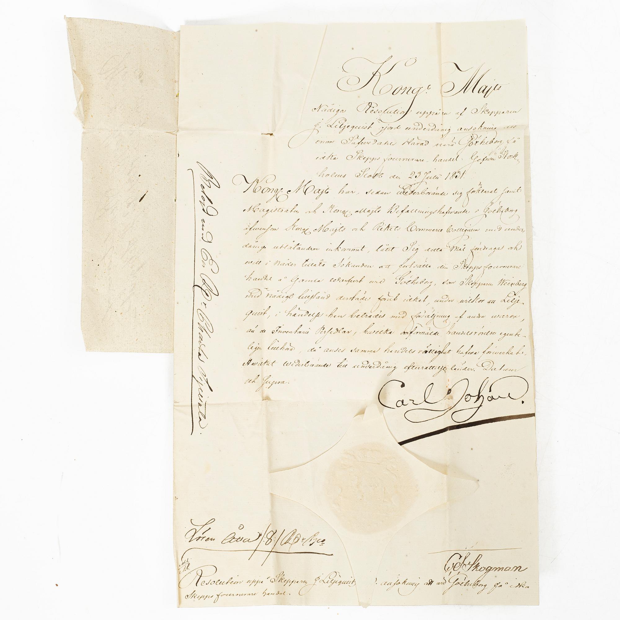 Kungligt brev, signerat Carl XIV Johan, 1831.