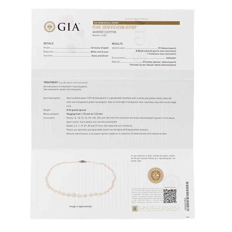Necklace with natural and cultured pearls, accompanying GIA report.