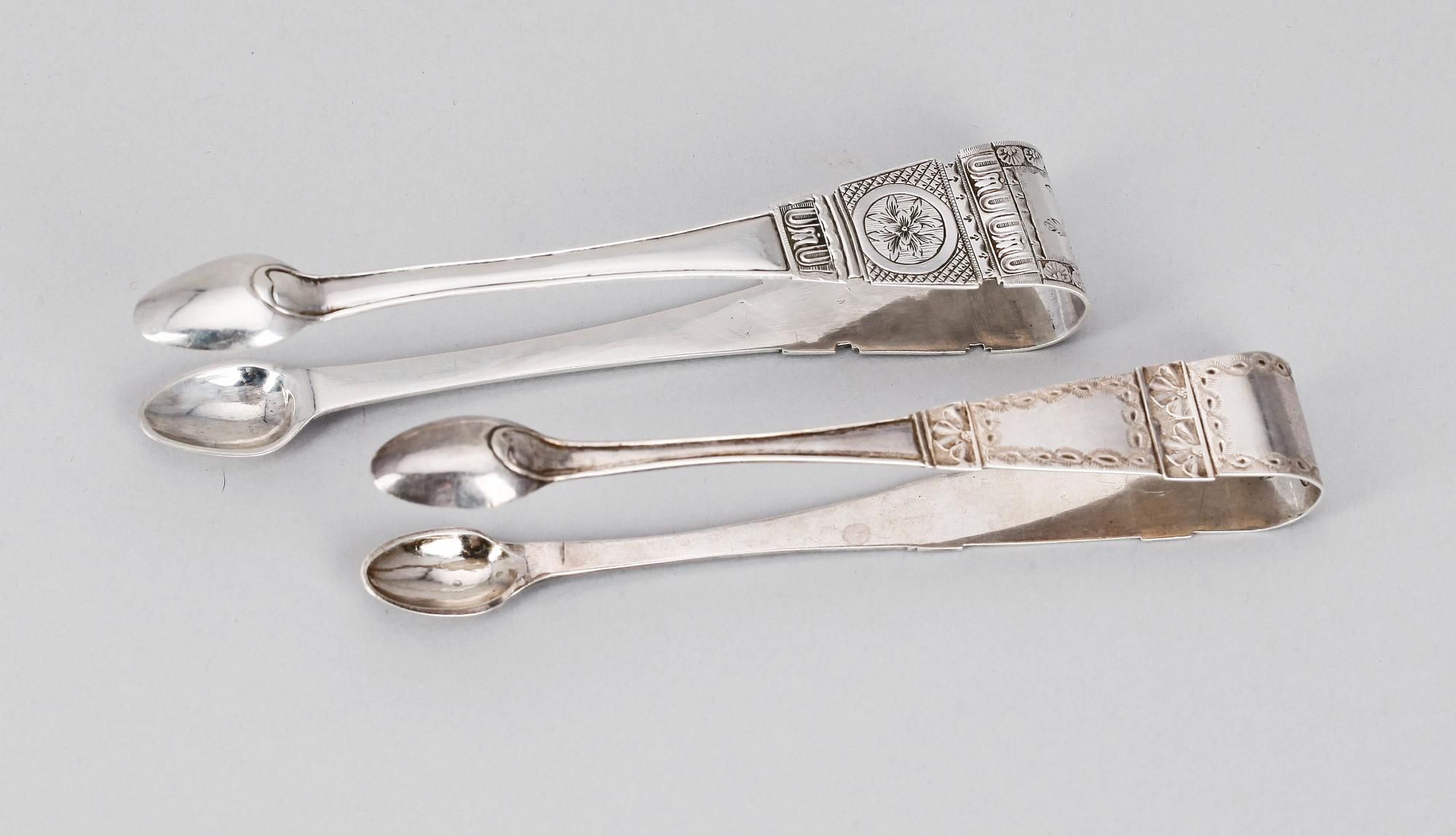SOCKERTÄNGER, 2 st, silver, bland annat Daniel Lundström, 1783, Stockholm. Vikt 75g.