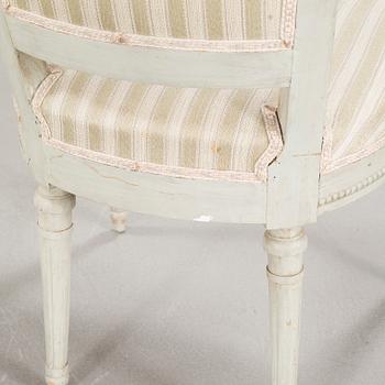 Three chairs, gustavian and gustavian style, aorund the year 1800 and around the year 1900.