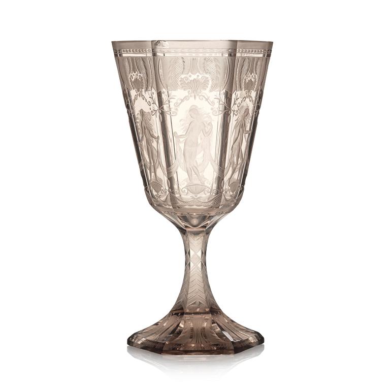 Simon Gate, pokal, graverat glas, "Sex Gracer", Orrefors, 1927.