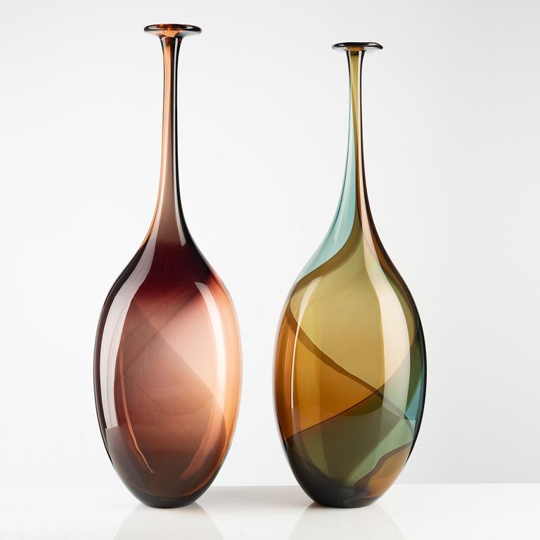 Kjell Engman, five "Fidji" glass vases, Kosta Boda, Sweden, two are limited edition.