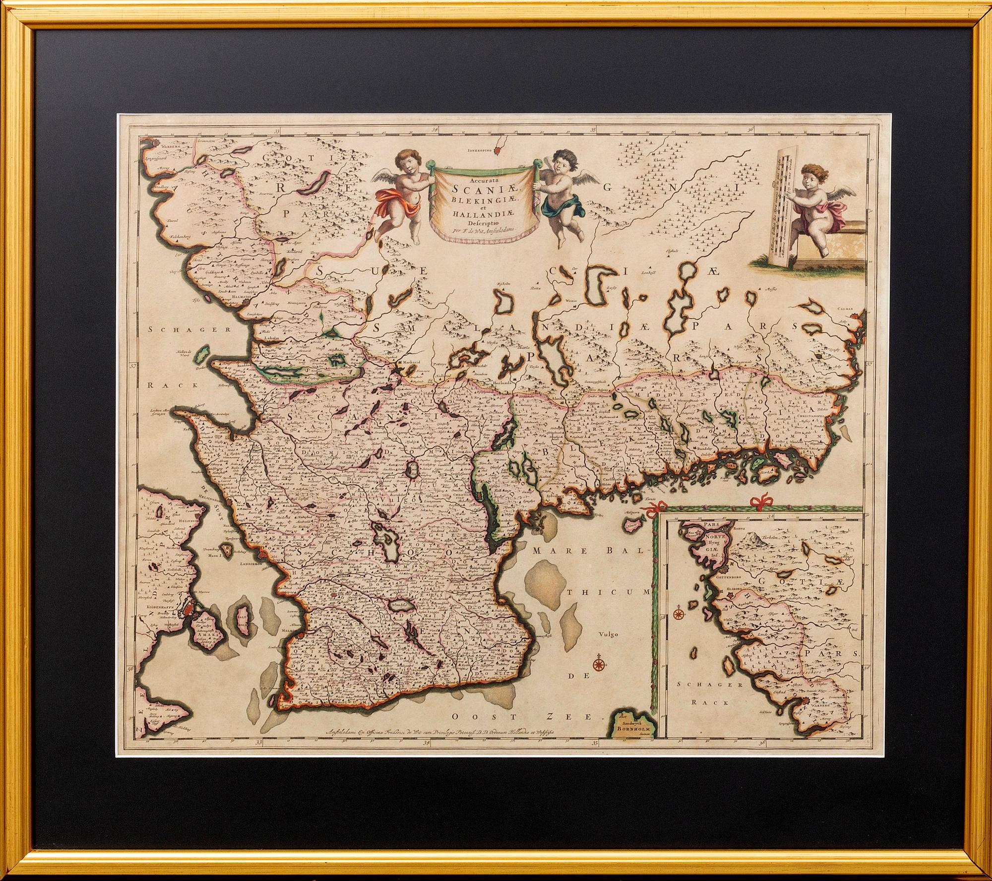 FREDERICK DE WIT, karta, handkolorerat kopparstick, "Accurata Scaniae, Blekingiae, et Hallandiae descriptio." 1680-tal.