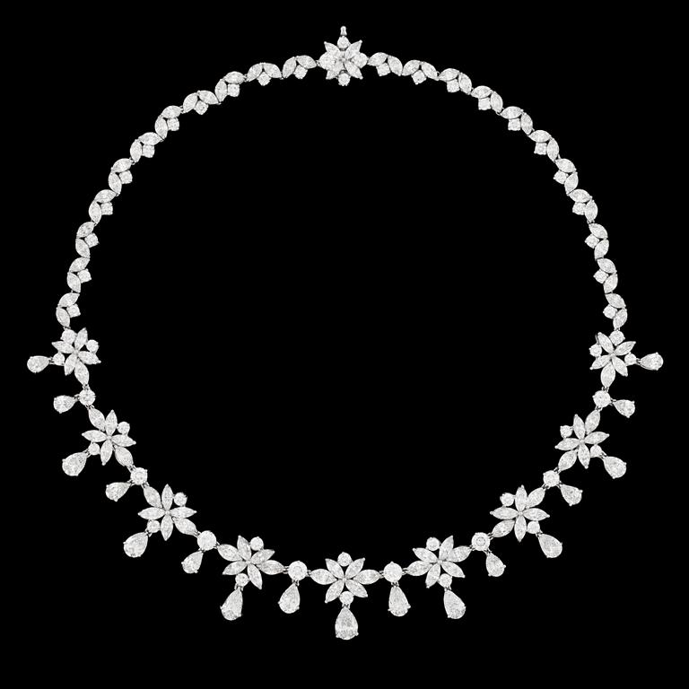 A important drop- navette- and brilliant cut diamond necklace, tot. app. 43 cts.