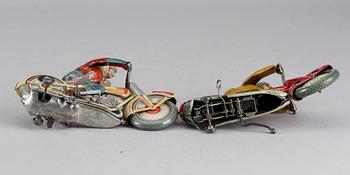 TWO TECHNOFIX MOTORCYCLES, lithographed plates, "YZ-243" 1938 and  "No 255" "Stürzender Motorfahrrad" US ZONE CA 1950.