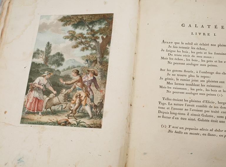 BOK, "Galatée, roman pastoral; imité de Cervantes", M de Florian, med 4 färggravyrer av M. Monsiau, Paris 1793.