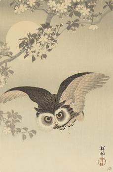 Ohara Koson, "Scops owl flying beneath a flowering cherry branch with the full moon behind".