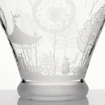 Edward Hald, a Swedish Grace engraved glass bowl 'Fyrverkeri' with a plate, Orrefors Sweden 1924, model nr 248.