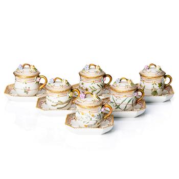 465. A set of six Royal Copenhagen 'Flora Danica' custard cups with stands, Denmark, 20th Century.