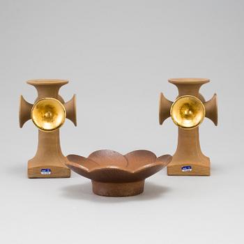 A set of three "Basun" + "Blomljus" stoneware candlesticks by Lisa Larson for Gustavsberg.