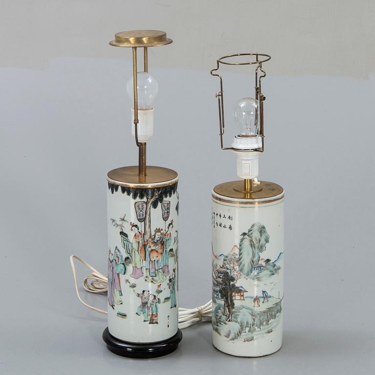 A set of two Chinese porcelain table lamps.