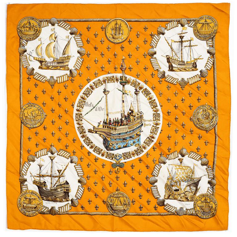 Hermès, two scarves "Nefs d'Or" and "Etriers".